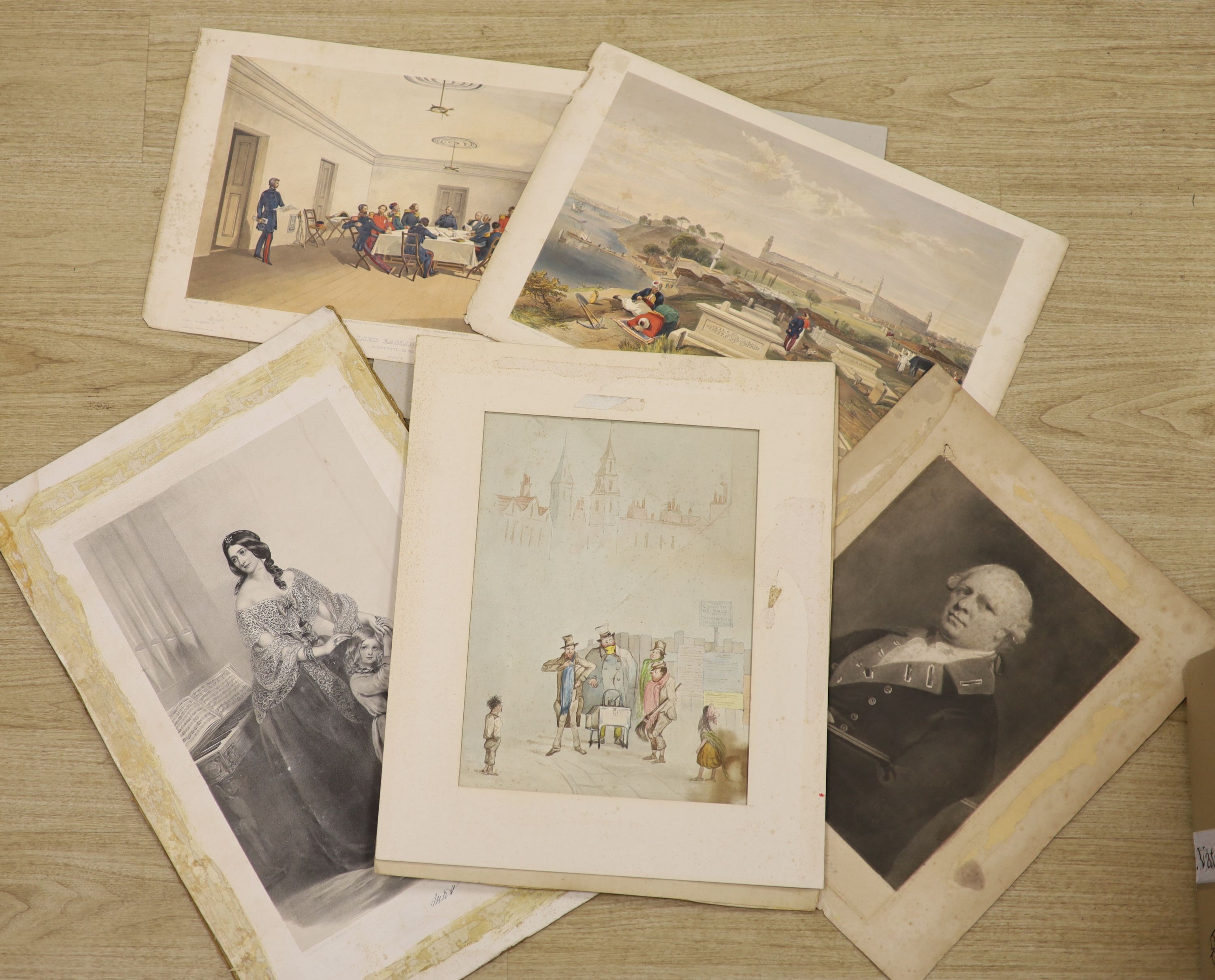 After W. Simpson, two coloured lithographs, Interior of Lord Raglands Headquarters and Hospital and Cemetery at Scutari, 36 x 45cm, with two other prints and a watercolour by Percy Hamilton, unframed